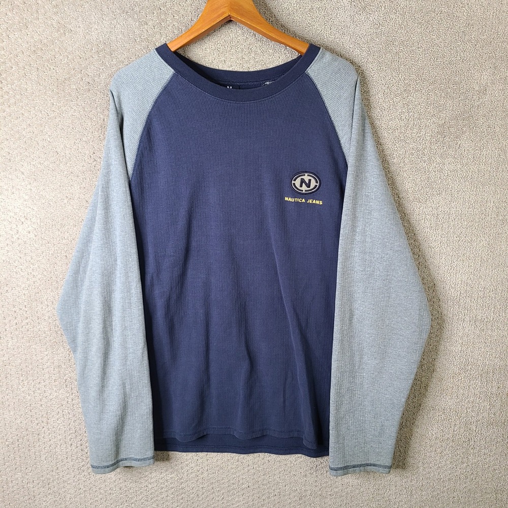 Vintage Nautica Shirt Mens XXL Blue Grey Raglan Long Sleeve Waffle Knit Cotton
